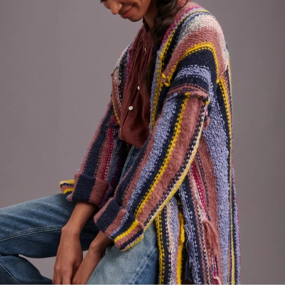 Anthropologie Multicolor Striped Cardigan Boho Chic Chunky Knit Bohemian Layer - Picture 4 of 14
